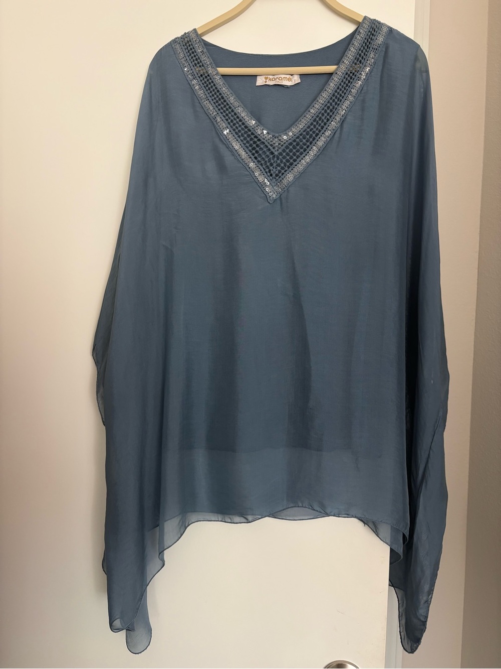 Caramel Dusty Blue Beaded V-Neck Tunic